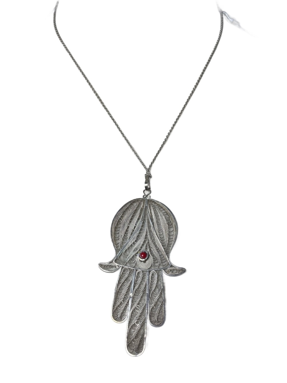 Sterling Silver Hamsa Hand Necklace with Red Gem